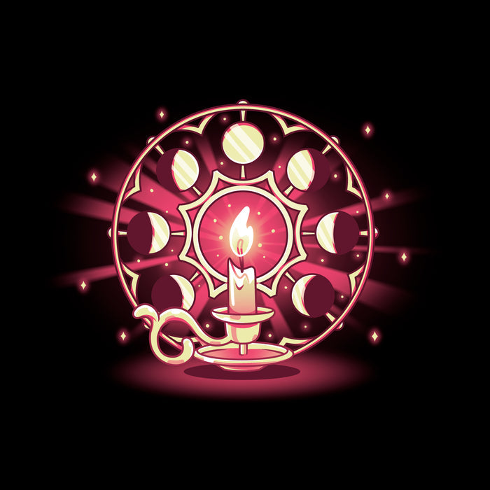 Classic Cotton T-shirt_TeeTurtle Candlelit Orbit black t-shirt featuring a lit candle on a holder in front of a circular arrangement depicting the lunar cycle, with glowing stars in the background.