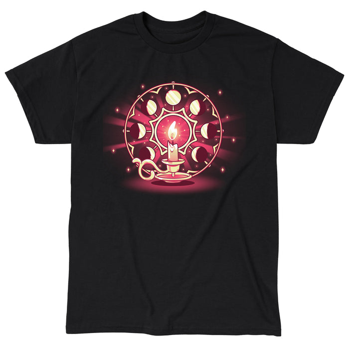 Classic Cotton T-shirt_TeeTurtle Candlelit Orbit black t-shirt featuring a lit candle on a holder in front of a circular arrangement depicting the lunar cycle, with glowing stars in the background.