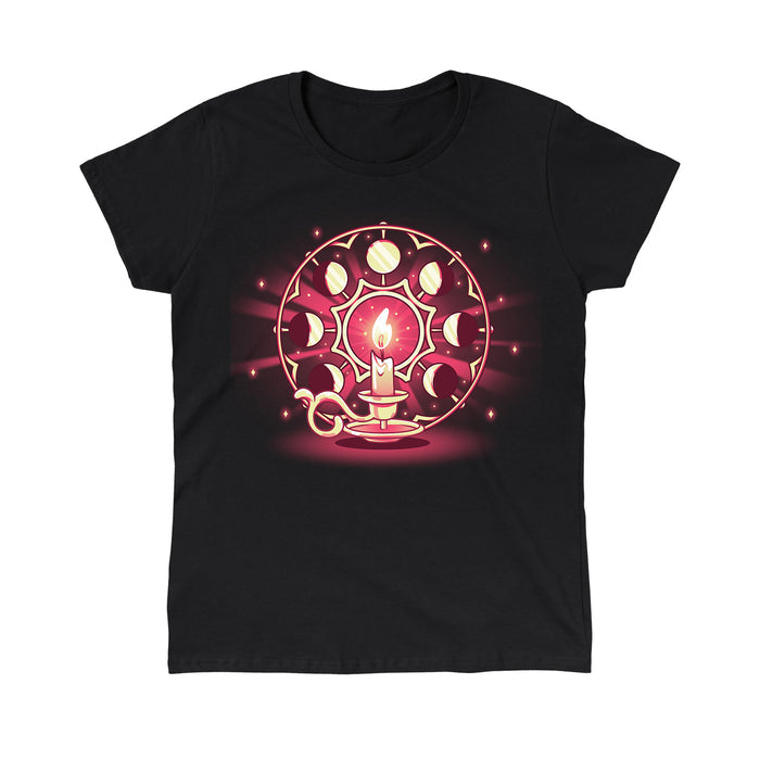 Classic Cotton T-shirt_TeeTurtle Candlelit Orbit black t-shirt featuring a lit candle on a holder in front of a circular arrangement depicting the lunar cycle, with glowing stars in the background.