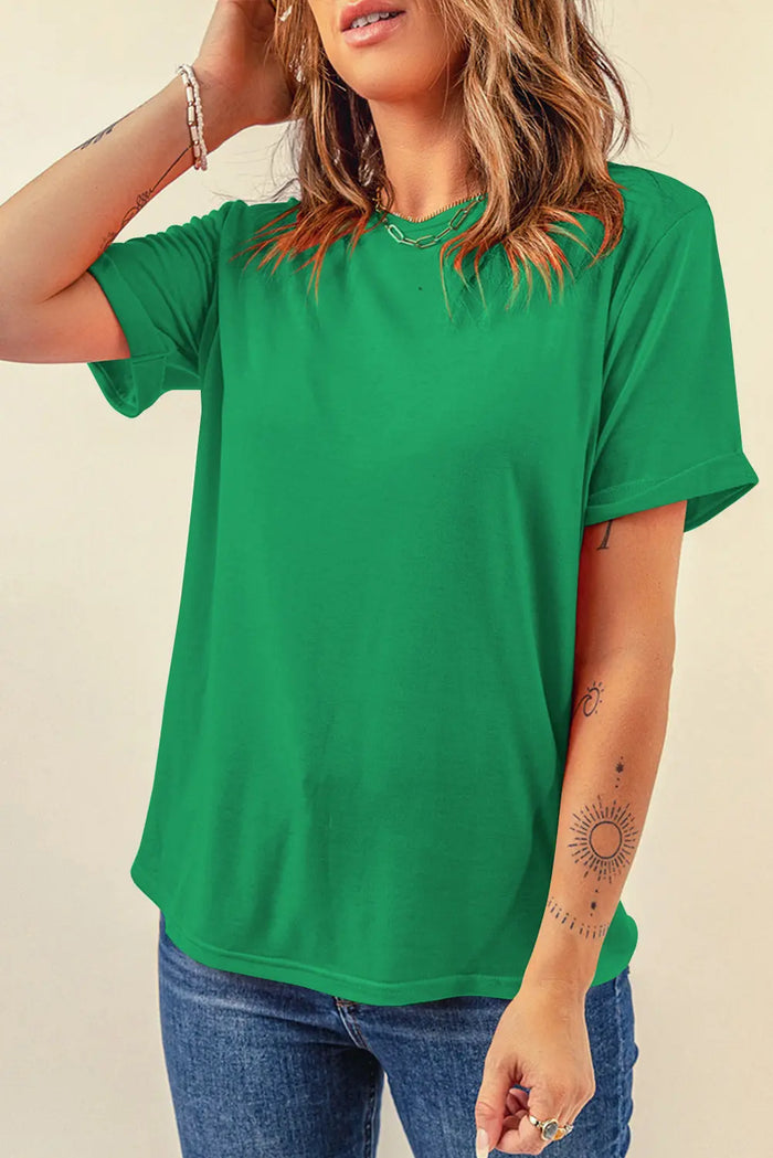 Casual Plain Crew Neck Tee T-Shirt - Tops/Tops & Tees