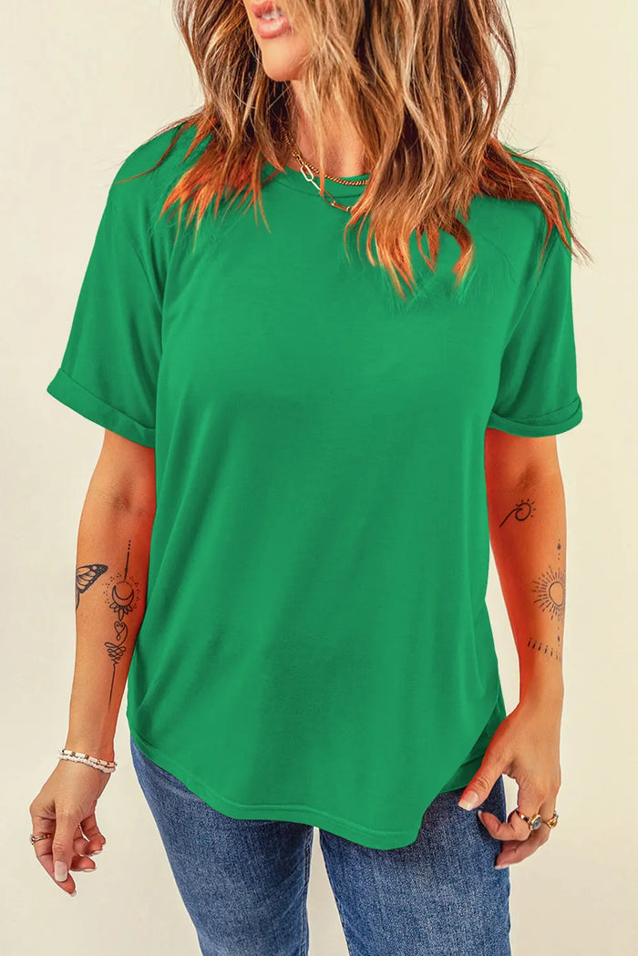 Casual Plain Crew Neck Tee T-Shirt - Tops/Tops & Tees
