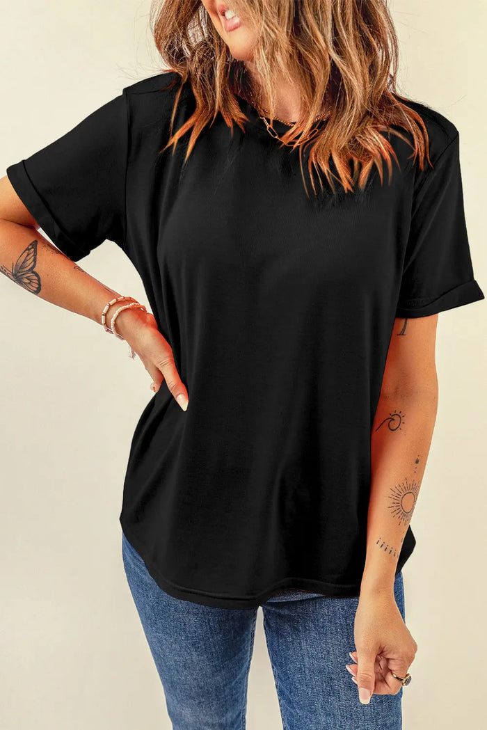 Casual Plain Crew Neck Tee T-Shirt - Tops/Tops & Tees