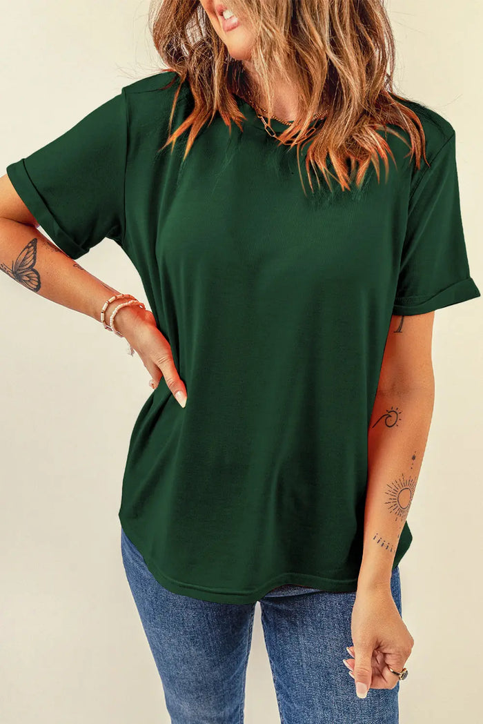 Casual Plain Crew Neck Tee T-Shirt - Tops/Tops & Tees