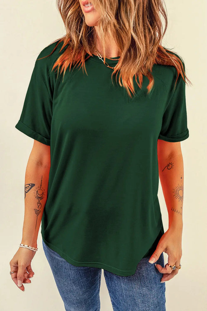 Casual Plain Crew Neck Tee T-Shirt - Tops/Tops & Tees