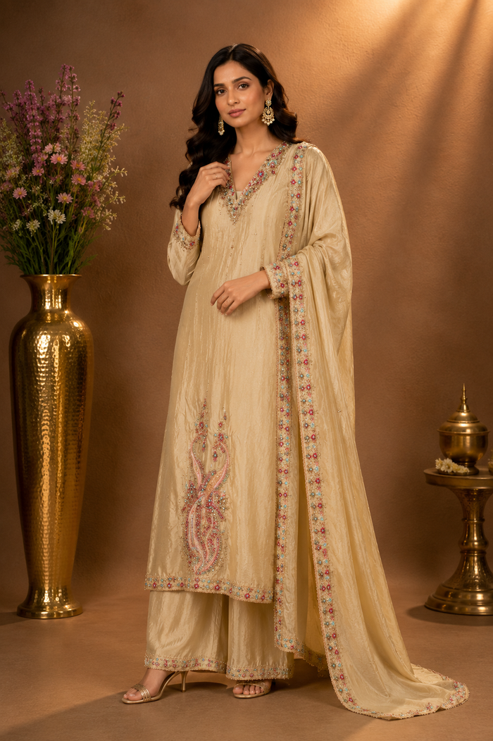 Champagne Embroidered Kurta Palazzo Set with Dupatta