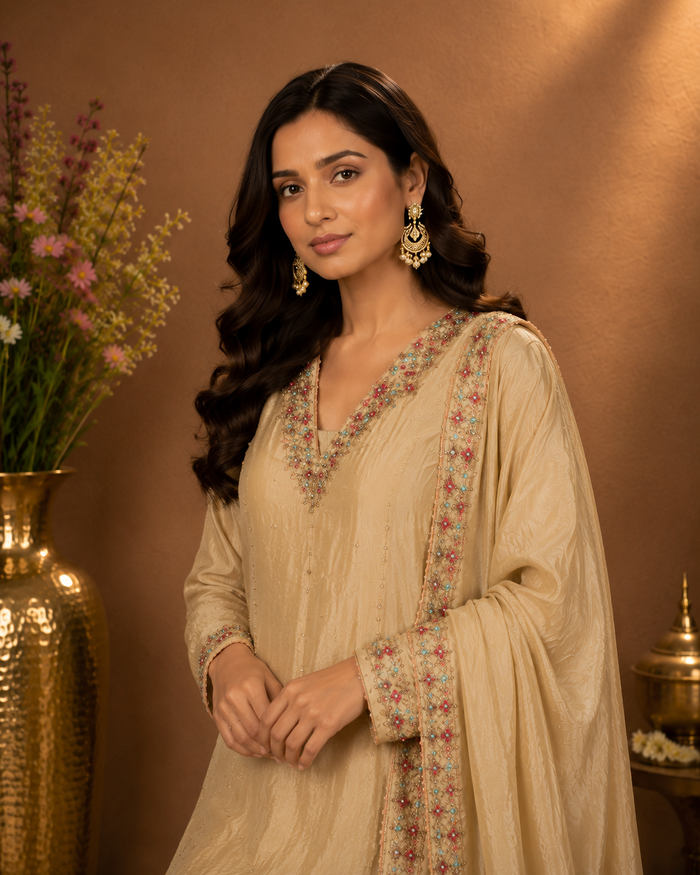 Champagne Embroidered Kurta Palazzo Set with Dupatta