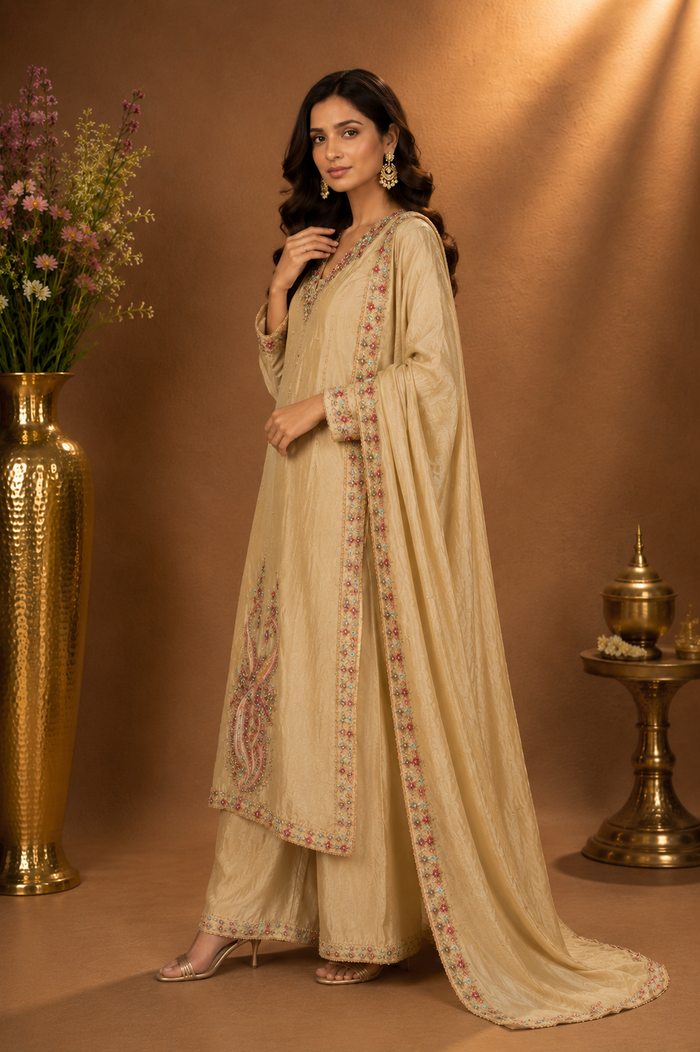 Champagne Embroidered Kurta Palazzo Set with Dupatta