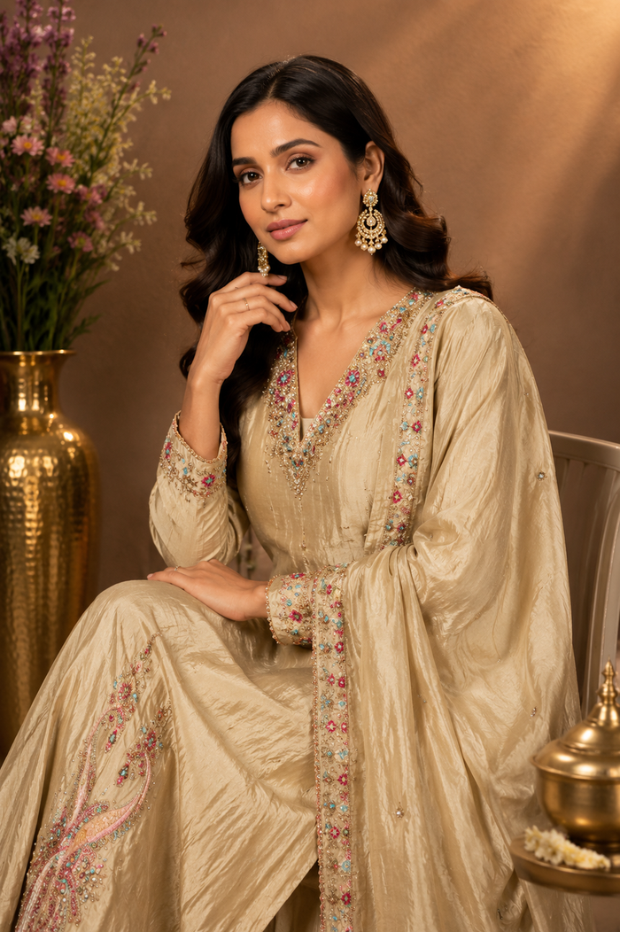 Champagne Embroidered Kurta Palazzo Set with Dupatta