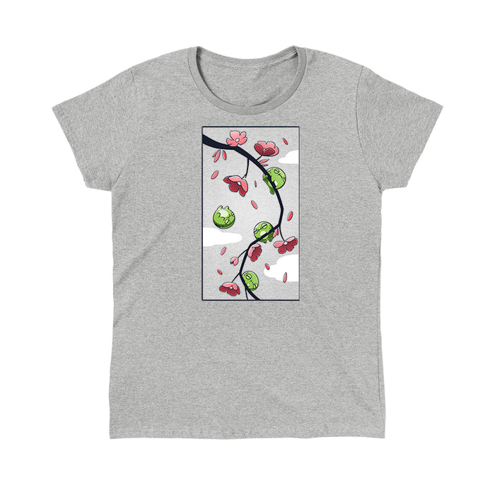 Classic Cotton T-shirt_TeeTurtle Cherry Blossom Frogs heather gray t-shirt featuring three three cartoon frogs sleeping on a cherry blossom branch and one frog floating while sleeping.