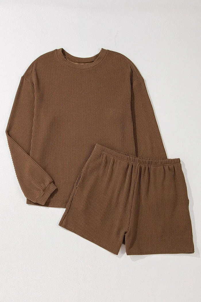 Shop Chestnut Corded Knit Long Sleeve Top and High Waist Shorts Set at eAura