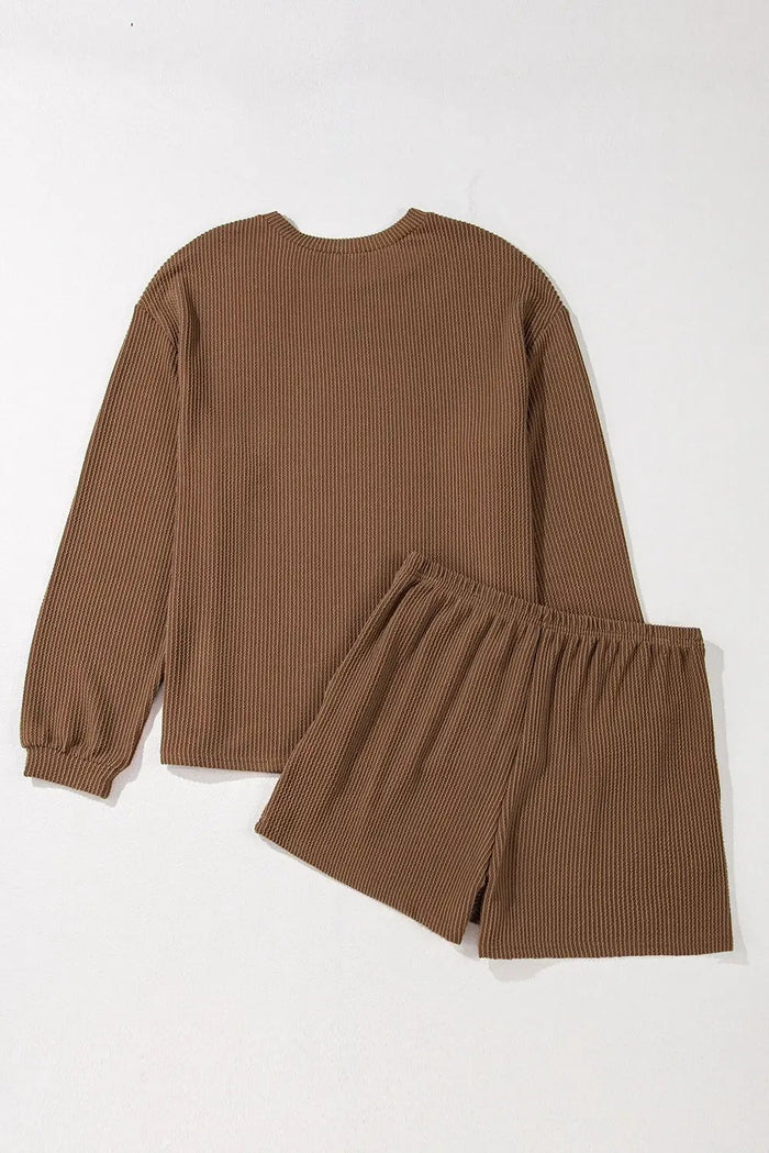 Shop Chestnut Corded Knit Long Sleeve Top and High Waist Shorts Set at eAura