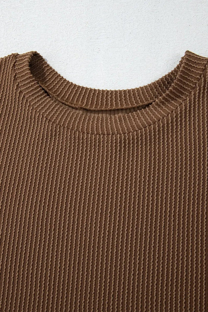Shop Chestnut Corded Knit Long Sleeve Top and High Waist Shorts Set at eAura