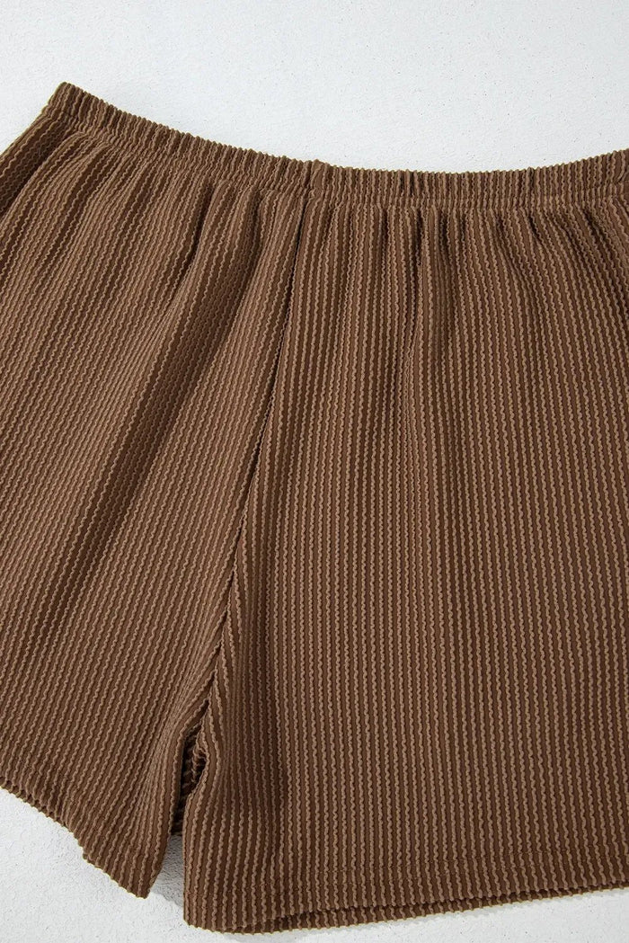 Shop Chestnut Corded Knit Long Sleeve Top and High Waist Shorts Set at eAura