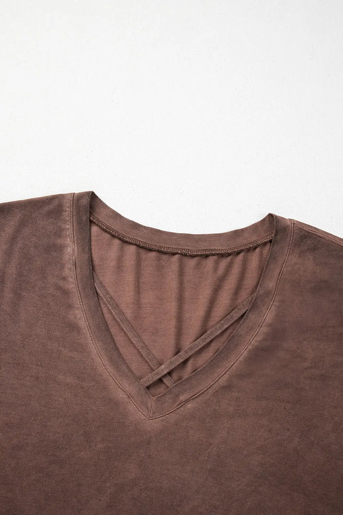 Chestnut Mineral Wash Criss Cross V Neck Casual T Shirt - Tops/Tops & Tees
