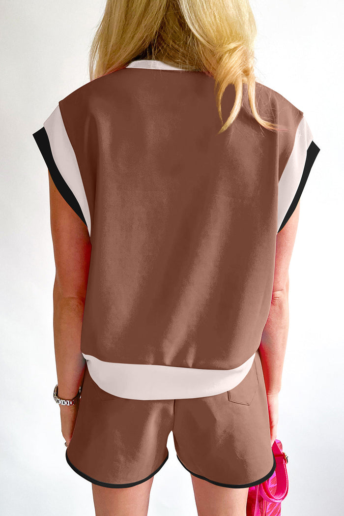Coffee Contrast Trim Cap Sleeve Tee Shorts Set - Two Piece Sets/Short Sets