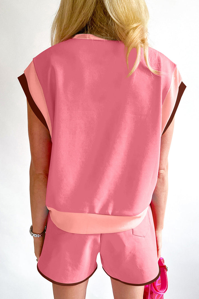 Coffee Contrast Trim Cap Sleeve Tee Shorts Set - Two Piece Sets/Short Sets