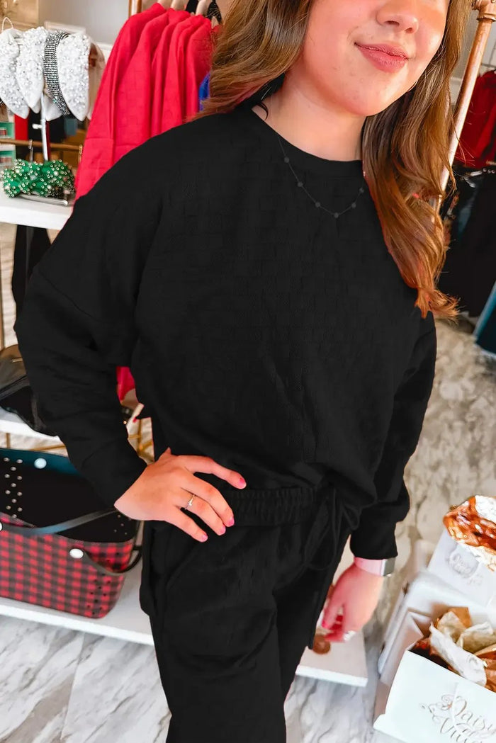 Shop Color black Checkered Textured Split Pullover Top and Pants Set at eAura