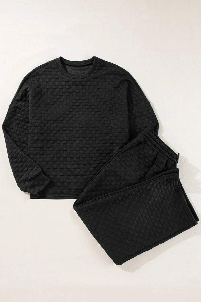 Shop Color black Checkered Textured Split Pullover Top and Pants Set at eAura