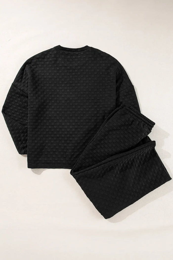 Shop Color black Checkered Textured Split Pullover Top and Pants Set at eAura