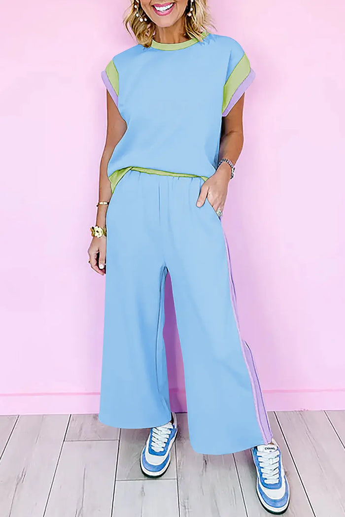Colour Block Detail Casual Two-piece Co-ord Set Outfit - Blue / S - Two Piece Sets/Pant Sets