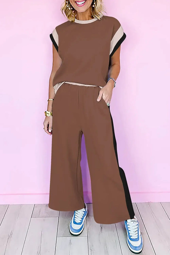 Colour Block Detail Casual Two-piece Co-ord Set Outfit - Brown / S - Two Piece Sets/Pant Sets