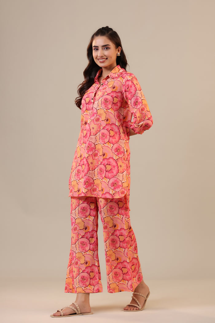 Colourful Chrysanthemum on Pink Cotton Palazzo Loungewear Set
