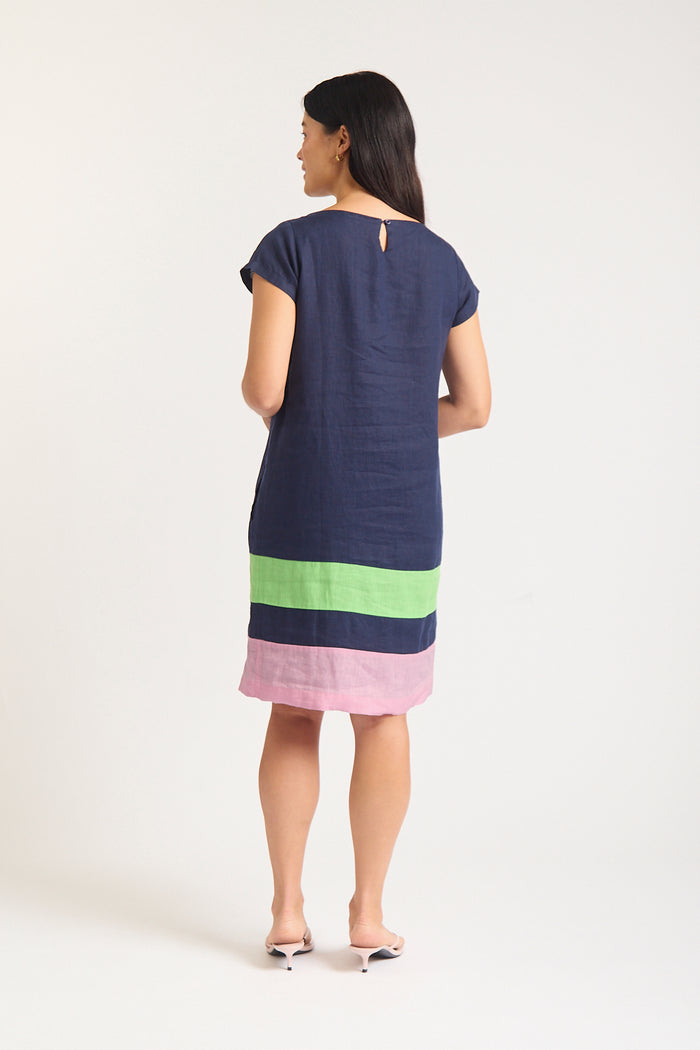 Connie Splice Linen Dress In Navy