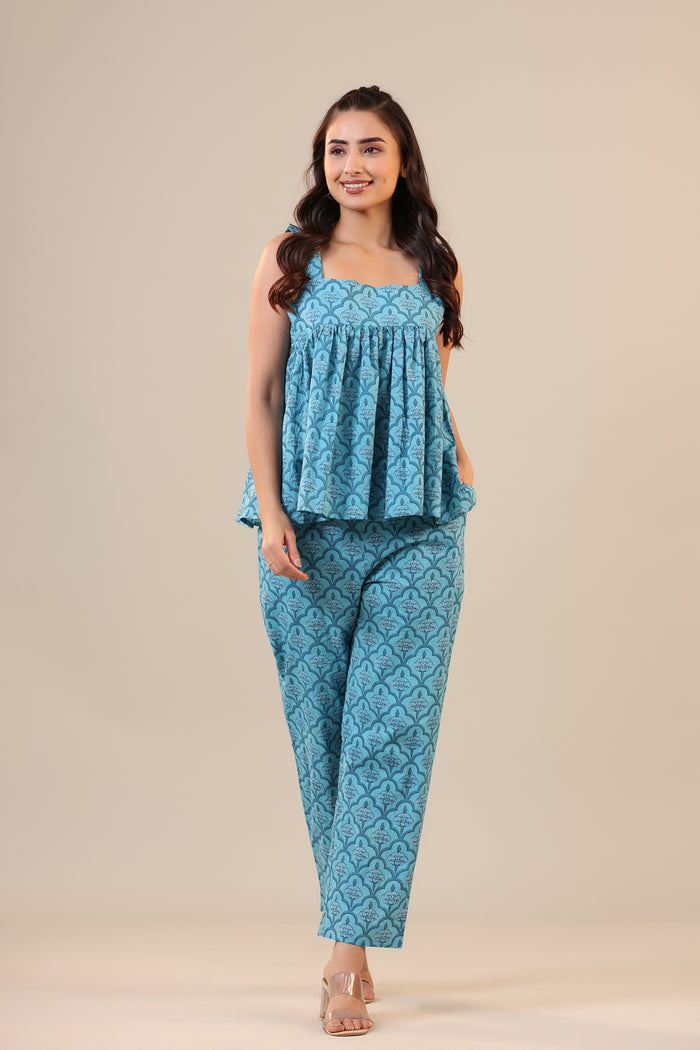 Coral Canopies on Blue Cotton Loungewear Top Set