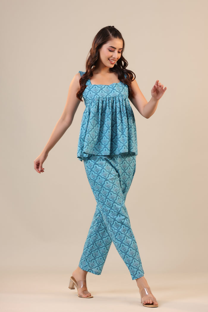 Coral Canopies on Blue Cotton Loungewear Top Set