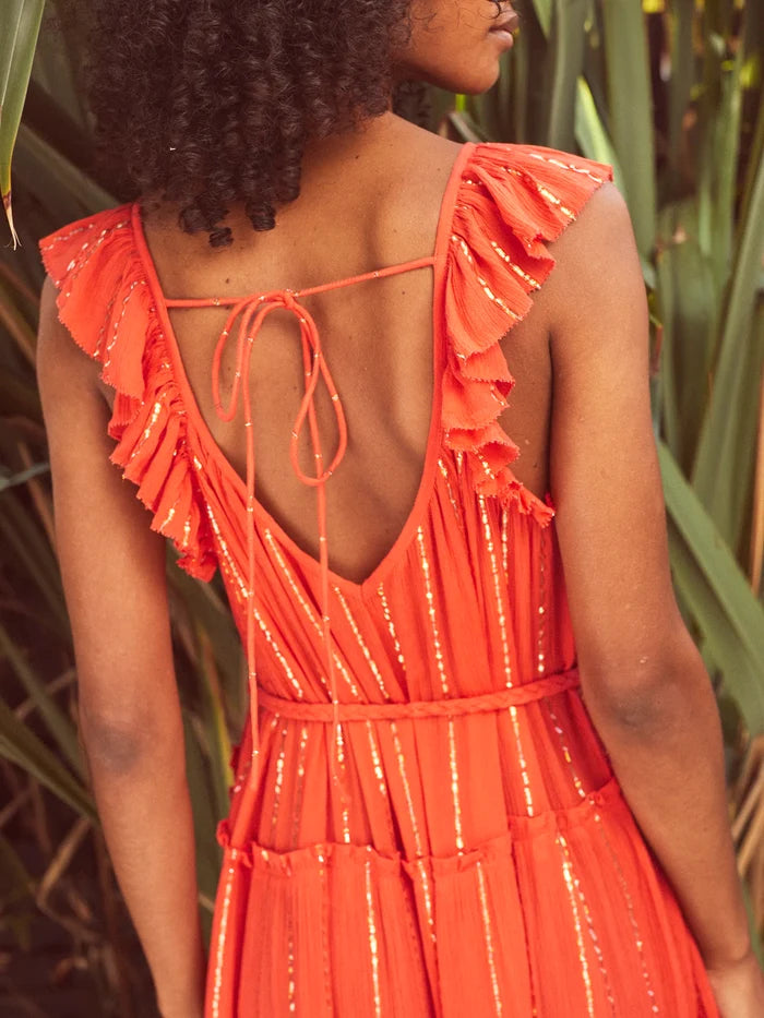 Coral Lurex Tiered Maxi Dress