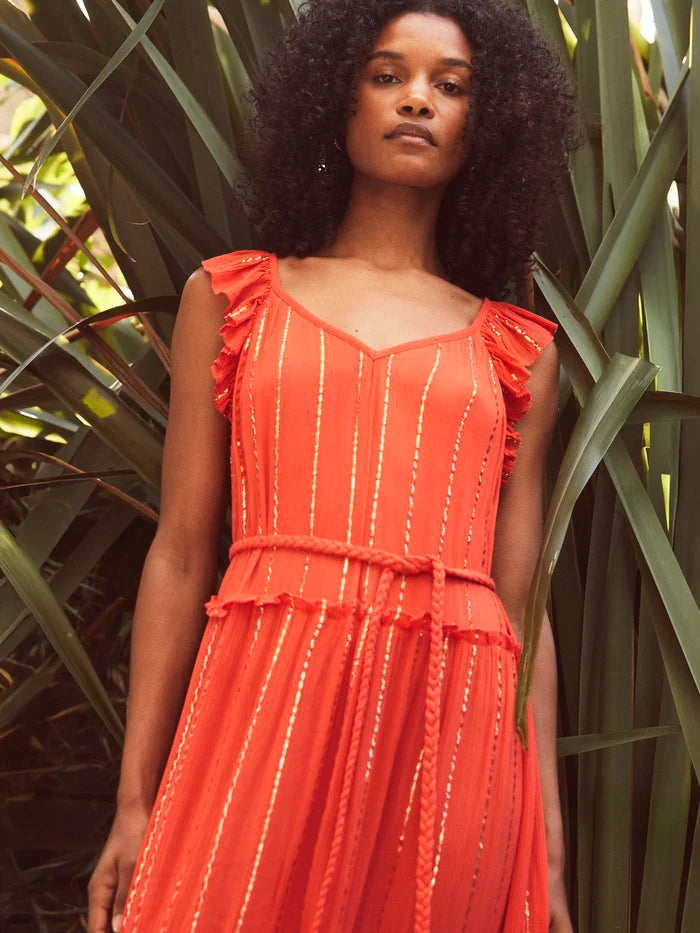 Coral Lurex Tiered Maxi Dress