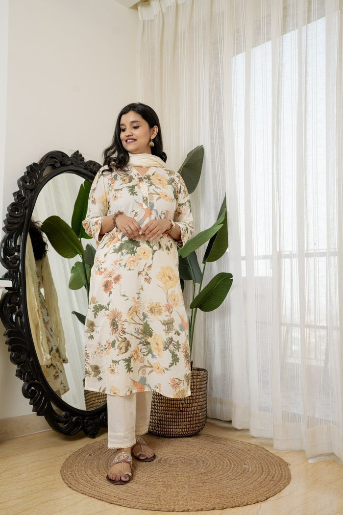 Cream Floral Crushed Dupatta Set