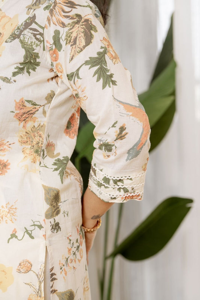 Cream Floral Crushed Dupatta Set