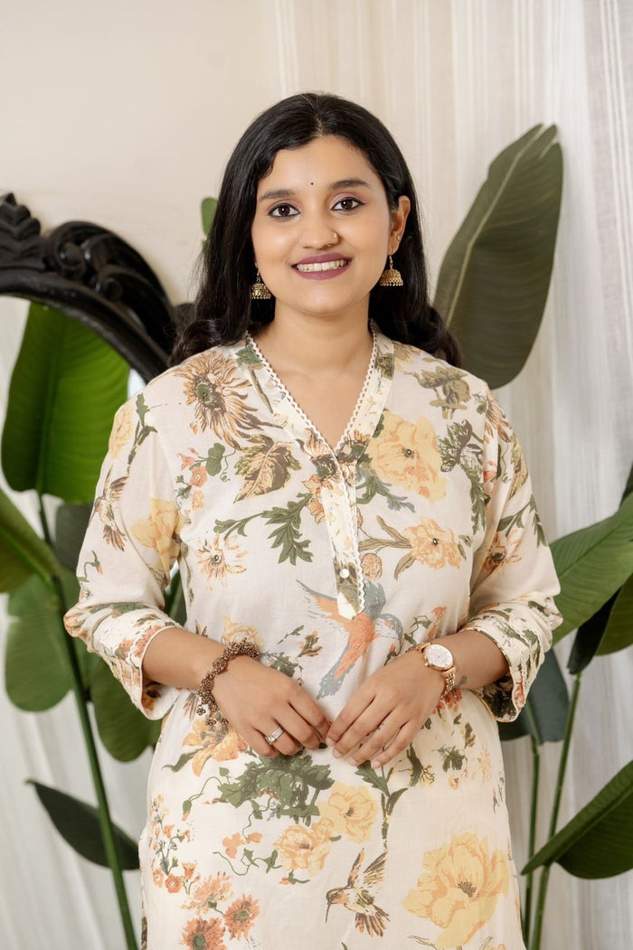 Cream Floral Crushed Dupatta Set