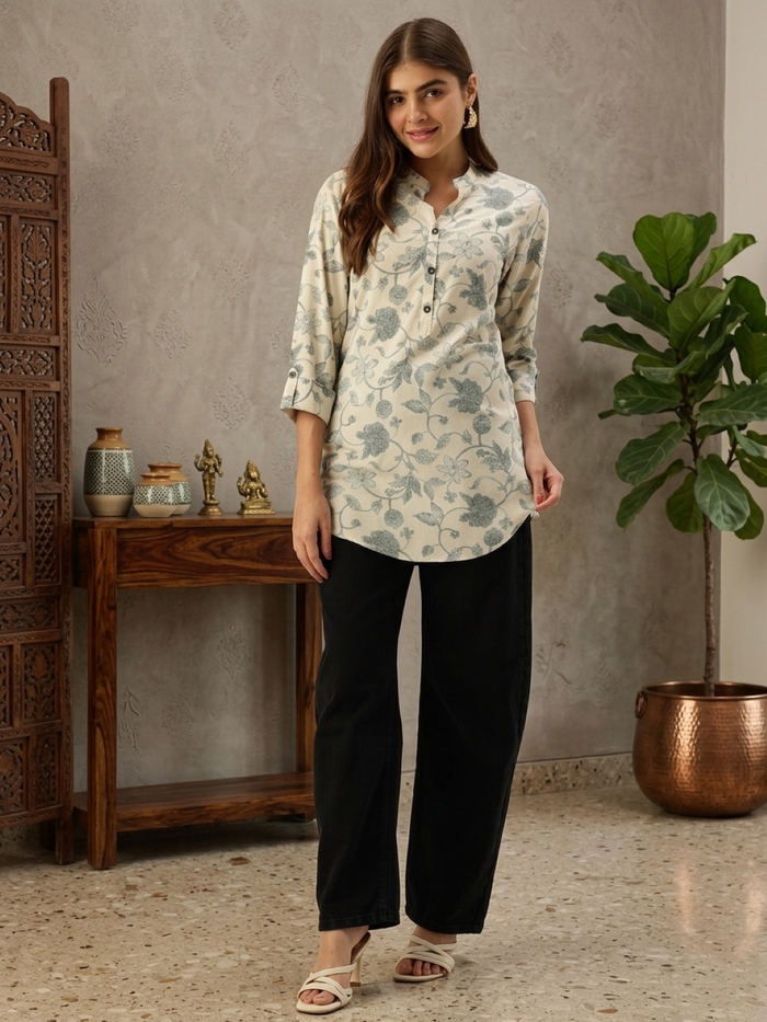 Cream Floral Printed Mandarin Collar Tunic