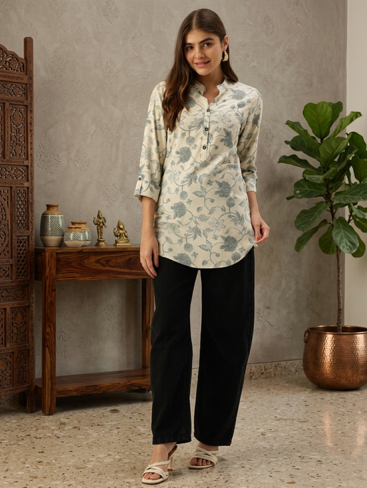 Cream Floral Printed Mandarin Collar Tunic