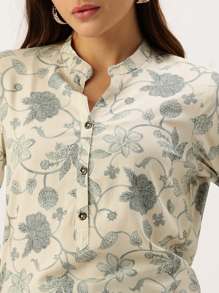 Cream Floral Printed Mandarin Collar Tunic