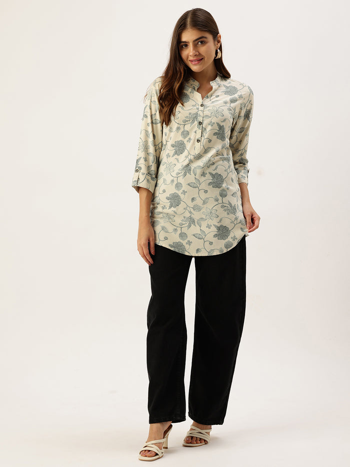 Cream Floral Printed Mandarin Collar Tunic