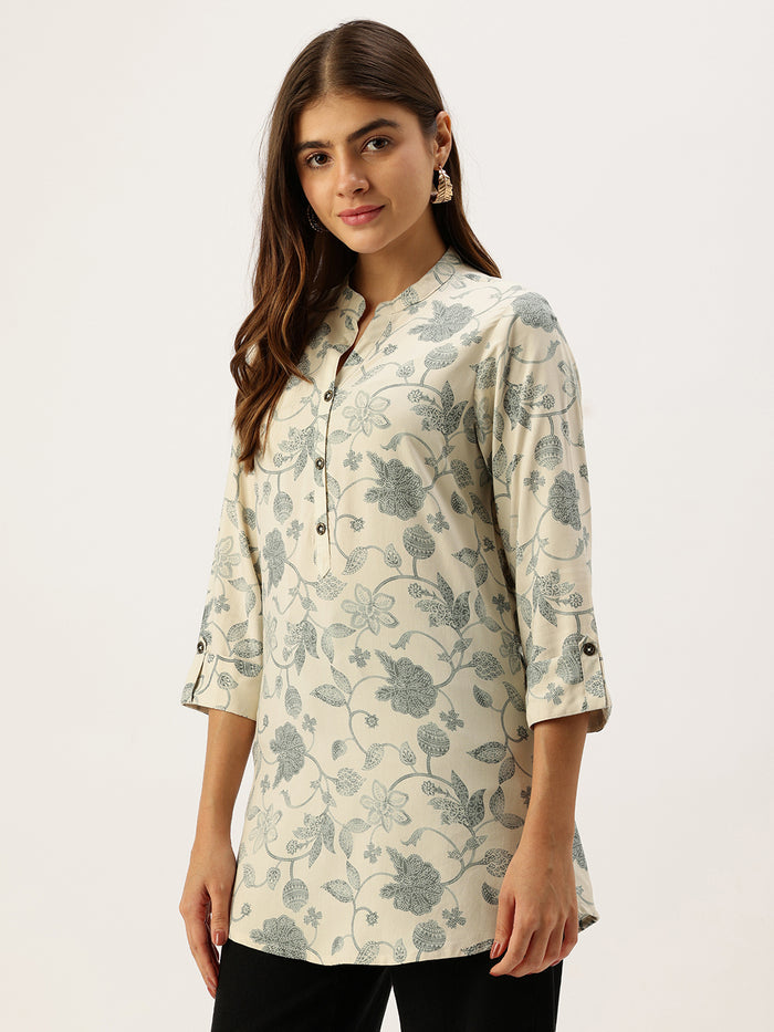 Cream Floral Printed Mandarin Collar Tunic