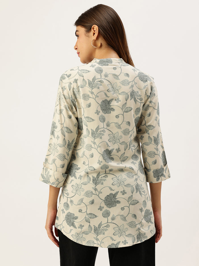 Cream Floral Printed Mandarin Collar Tunic