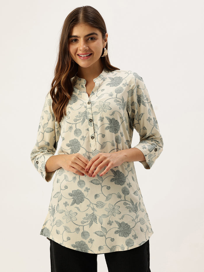Cream Floral Printed Mandarin Collar Tunic
