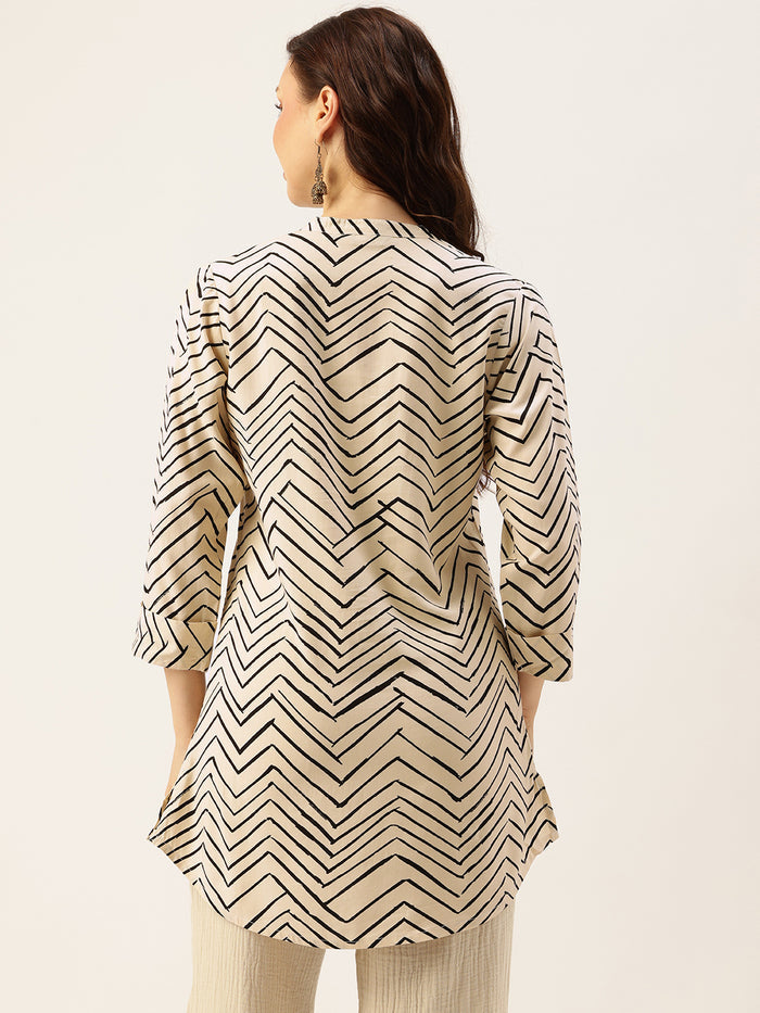 Cream Zig-Zag Printed Mandarin Collar Tunic, Mandarin Collar Tunic, Printed Tunic, Short Kurti, Short top, Zig-Zag Printed Tunic