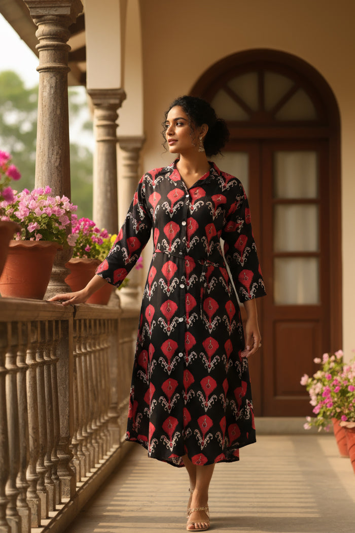 Crimson Charm A-Line Russian Silk Dress