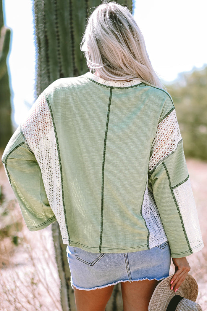 Parchment Crochet Detail Exposed Seam High Low Loose Top - Tops/Long Sleeve Tops