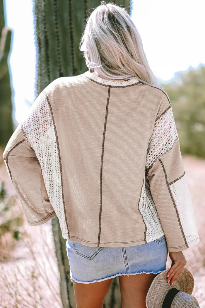 Parchment Crochet Detail Exposed Seam High Low Loose Top - Tops/Long Sleeve Tops