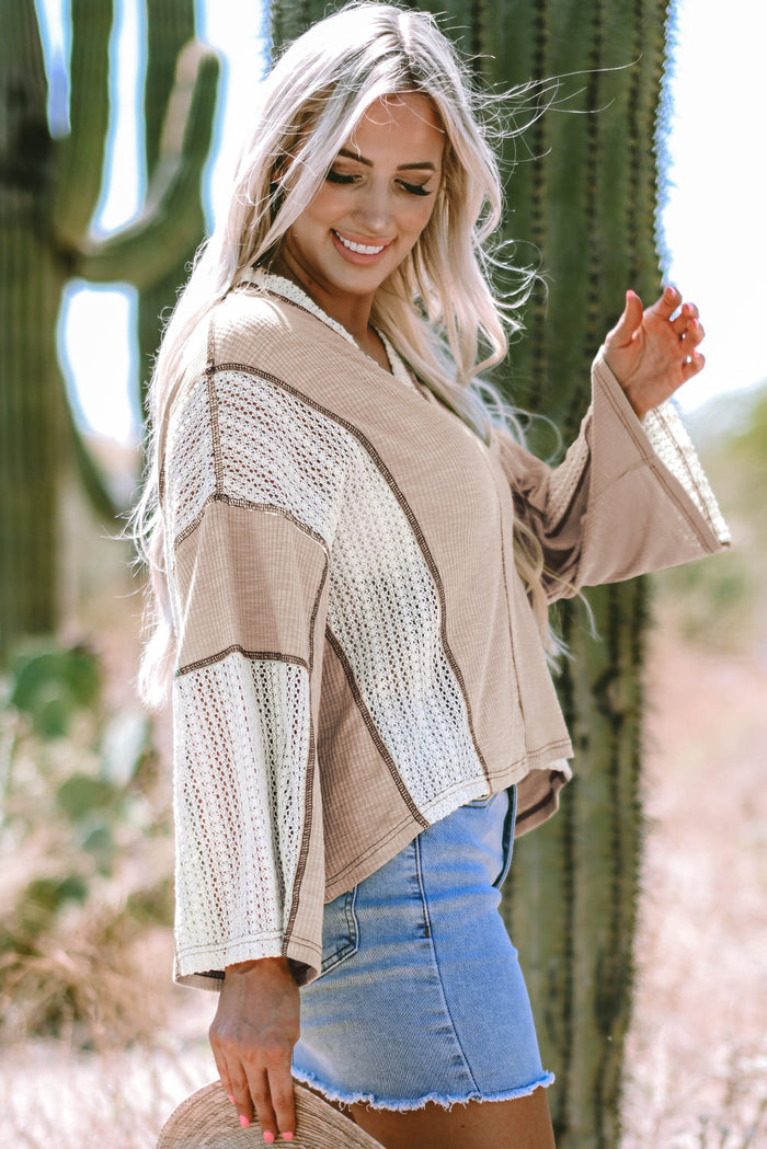 Parchment Crochet Detail Exposed Seam High Low Loose Top - Tops/Long Sleeve Tops