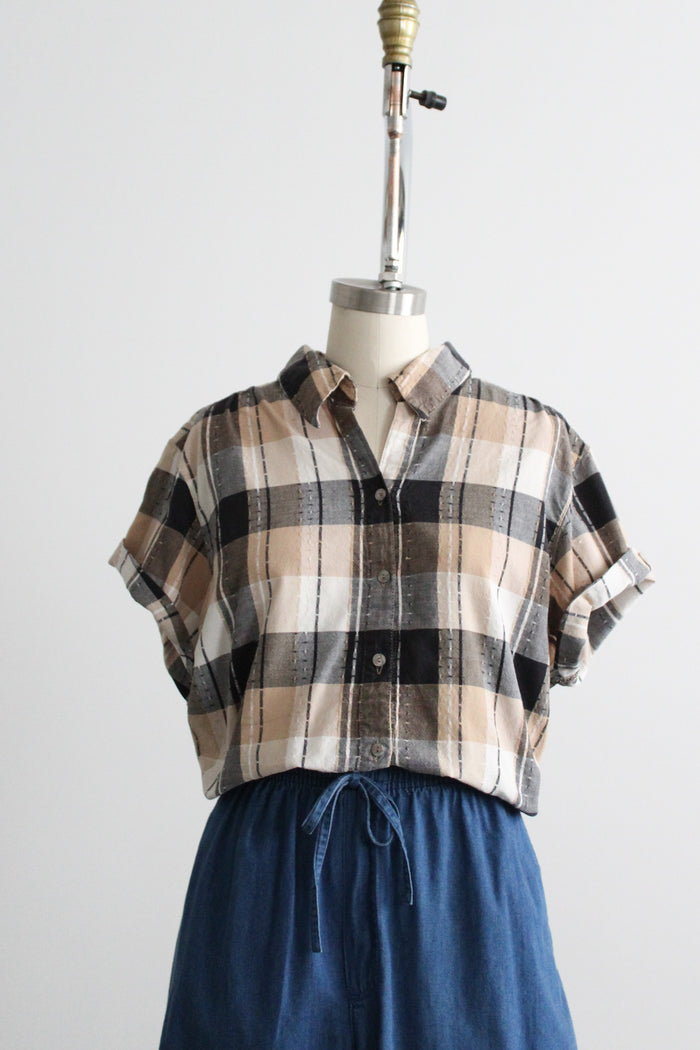 cropped plaid boxy button up