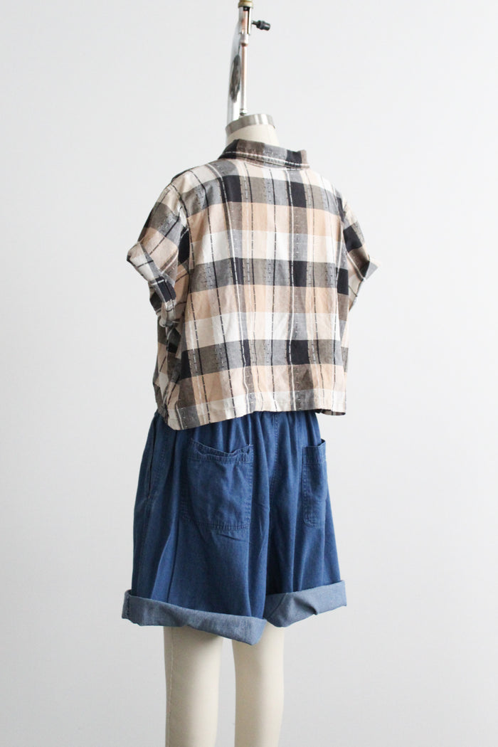cropped plaid boxy button up