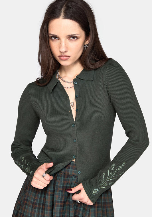 Cybele Embroidered Button Up Ribbed Knit Cardigan - Green