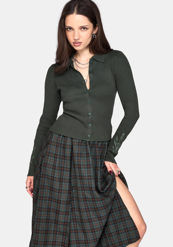 Cybele Embroidered Button Up Ribbed Knit Cardigan - Green
